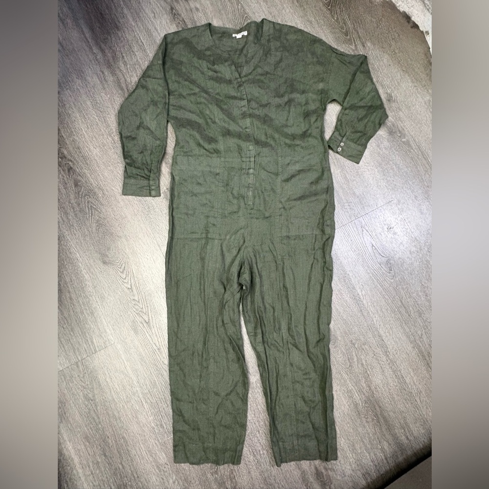 Whistles 100% Linen Size 6 Green Jumpsuit Crop Straight Leg Casual Lightweight